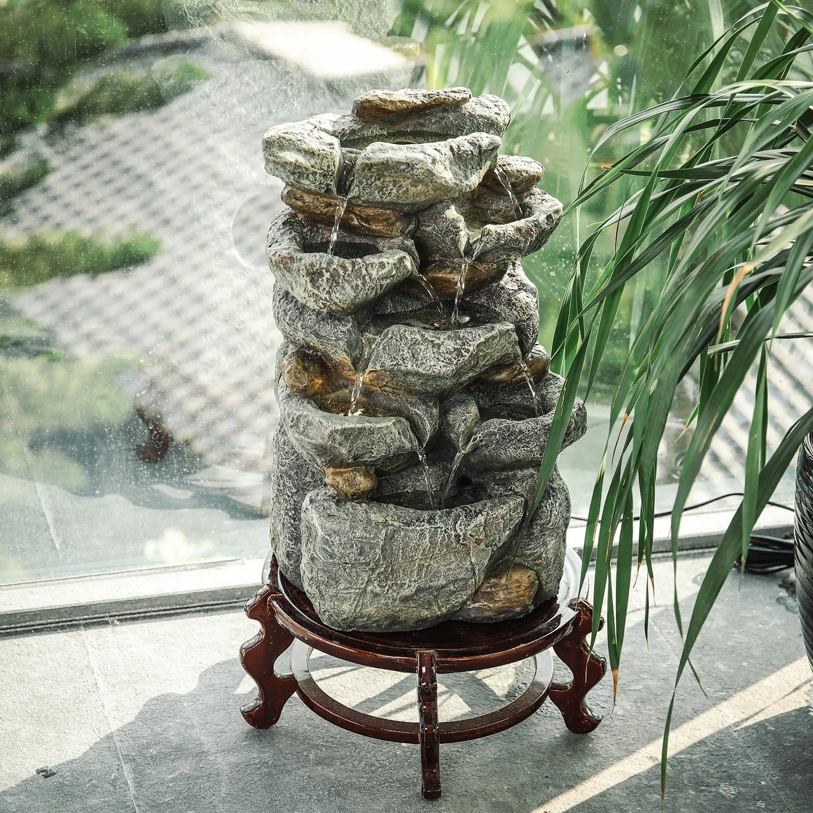 Tabletop Resin Water Fountain with LED Light – Indoor Zen Desk Decor Feature