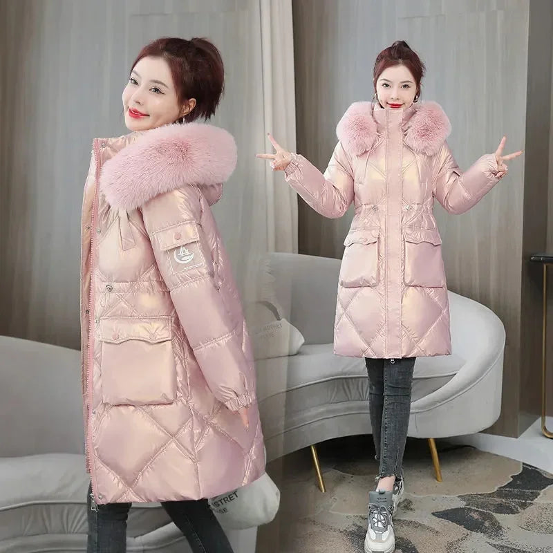 Women’s Champagne Winter Parka – Fur Collar Hooded Cotton-Padded Jacket