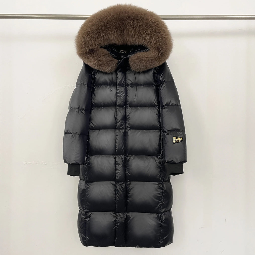 Reality Fur Over-the-Knee Puffer Jacket – Women’s Winter Coat with Raccoon Fur Hood