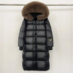 Reality Fur Over-the-Knee Puffer Jacket – Women’s Winter Coat with Raccoon Fur Hood