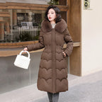Elegant Winter Fur Hooded Down Jacket for Women – Thick Long Cotton Padded Parka