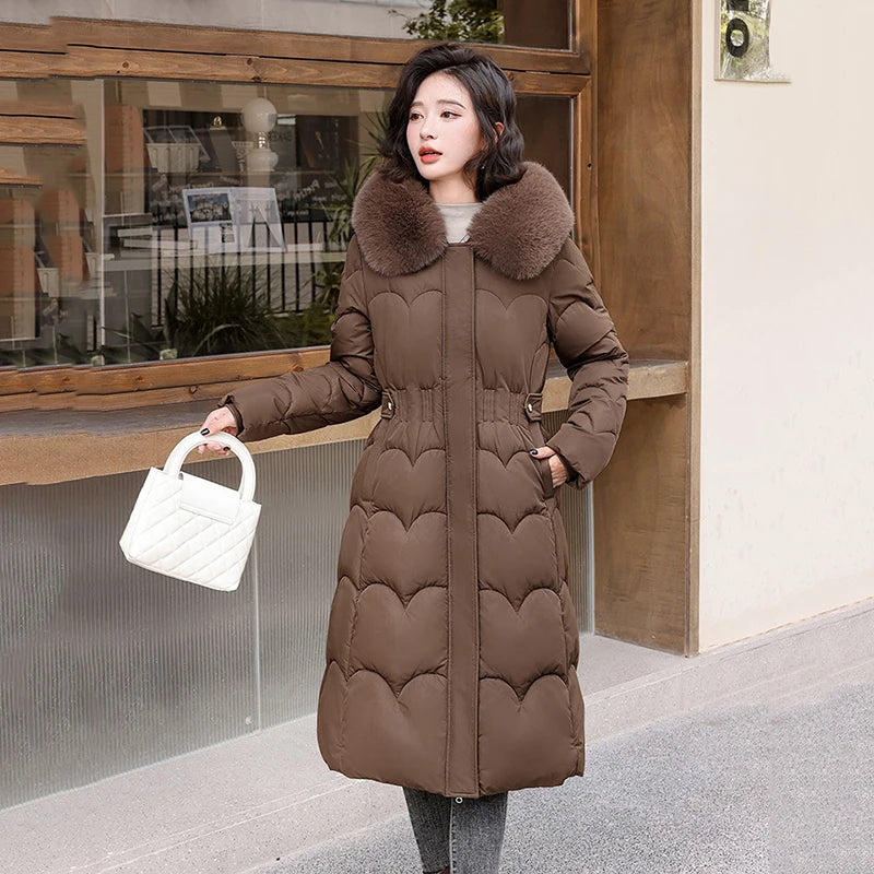 Elegant Winter Fur Hooded Down Jacket for Women – Thick Long Cotton Padded Parka