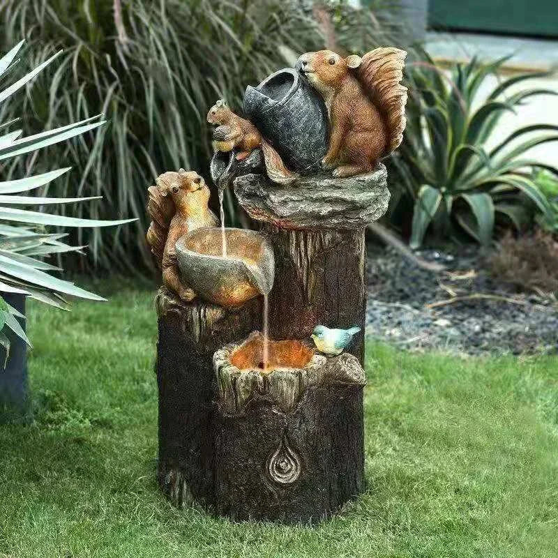 E2 Duck Solar Power Squirrel Resin Patio Fountain Garden Design With Led Light Garden Decoration Outdoor Simulation Decoration