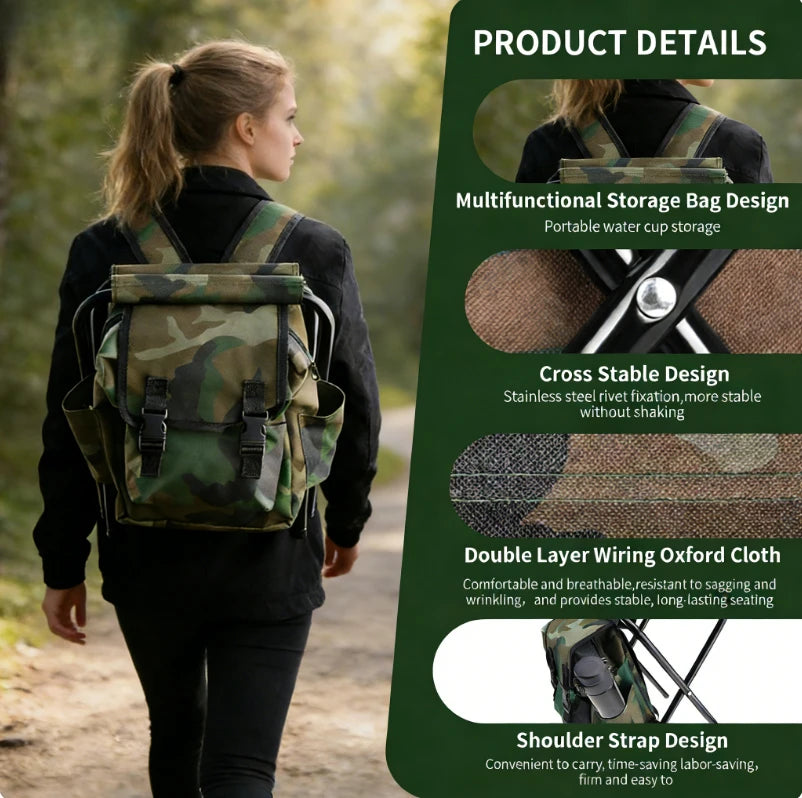 Folding Camping Stool Backpack Chair – Portable Fishing Seat with Storage Bag