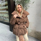 Winter Thick Stand Collar Puffer Jacket for Women – Tie Waist Short Parka Coat