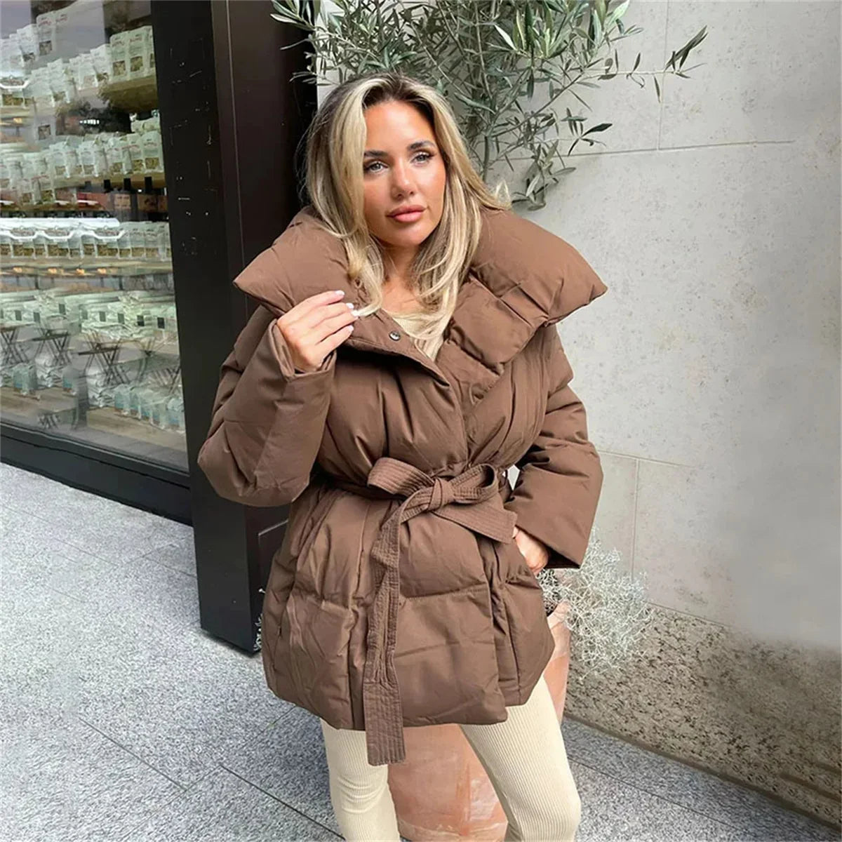Winter Thick Stand Collar Puffer Jacket for Women – Tie Waist Short Parka Coat