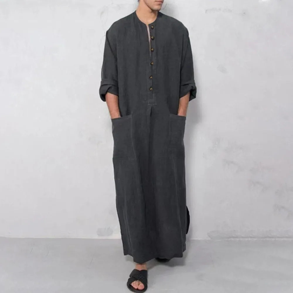 Middle Eastern Ethnic Men’s Robe Dubai Style Loose Stand Collar Long Sleeve Thobe – Traditional Islamic Casual Wear