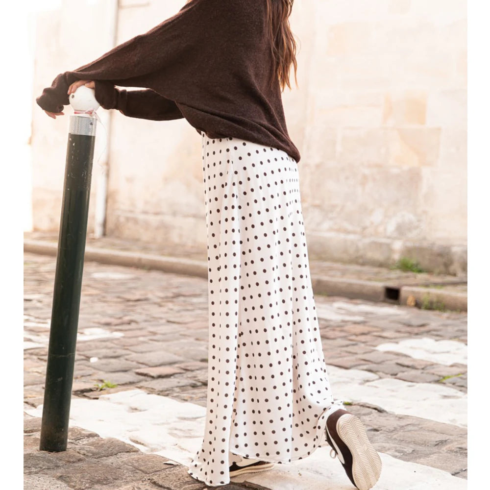 Jupe longue vintage à pois pour femme – Style satin fluide trapèze