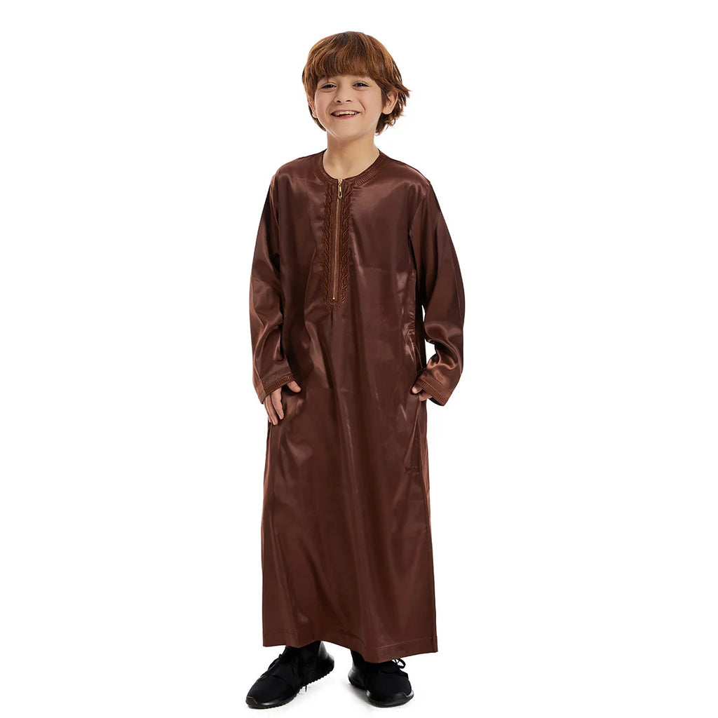 Thawb pour adolescent musulman – Jubba à col rond couleur café