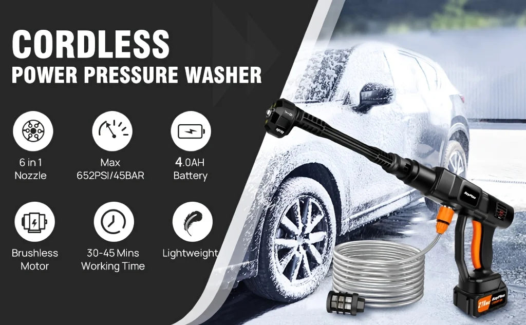 Cordless High Pressure Washer – Portable Car Washer with 2 21V Batteries & 6-in-1 Spray Nozzle
