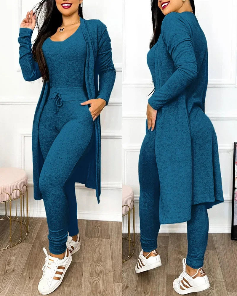 Drawstring Pocket Design Jumpsuit & Coat Set – Women’s Autumn Slim Fit Outfit