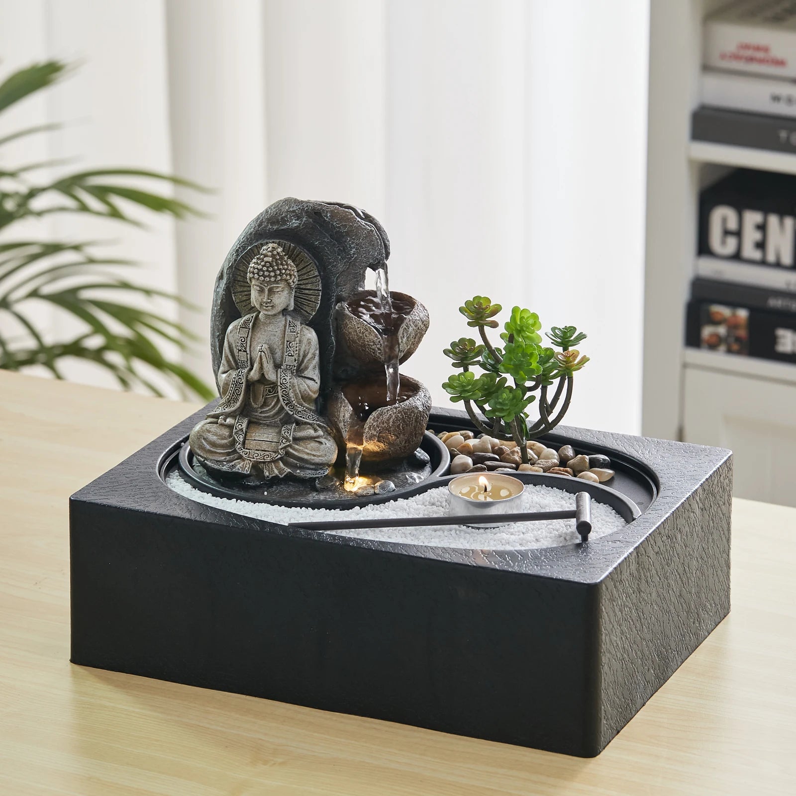 Tabletop Resin Water Fountain with LED Light – Indoor Zen Desk Decor Feature