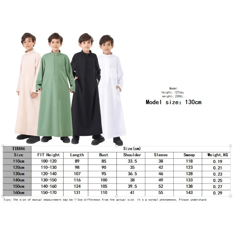 Arab Boys Traditional Long Robe – Pure Color Stand Collar Muslim Clothing for Kids