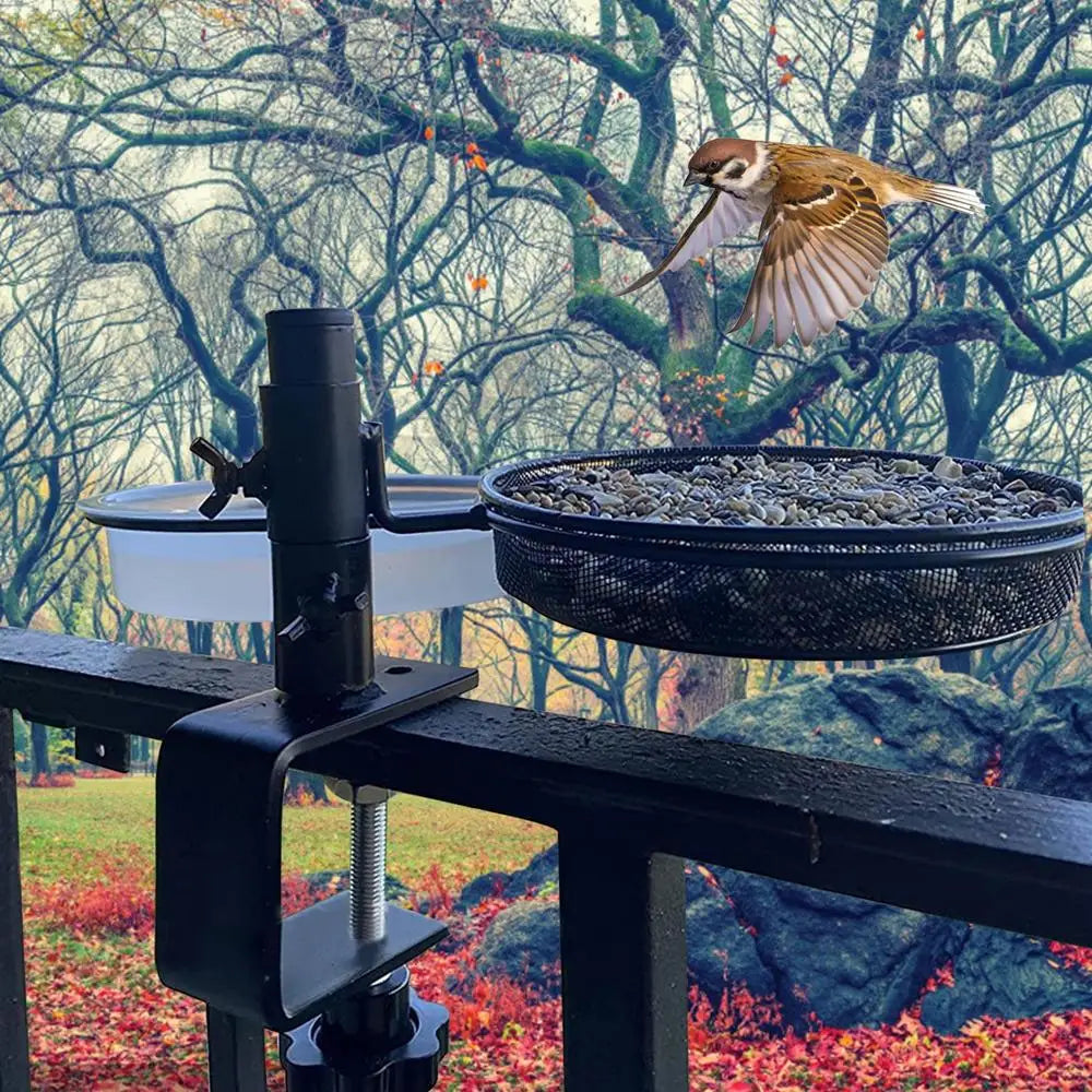 2-in-1 Deck Mounted Bird Feeder with Mesh Tray & Flower Pot Stand – 360° Rotating Feeding Station for Balcony, Deck & Garden Railings
