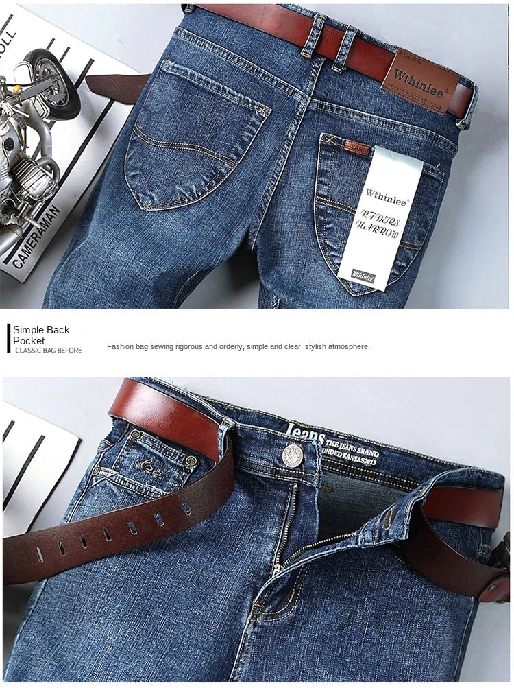 Top Brand Men’s Washed Jeans – High Waist Business Casual Denim Pants