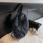 Korean Style Plaid Cow Horn Bag – Large Capacity Canvas Shoulder & Crossbody Bag for Women