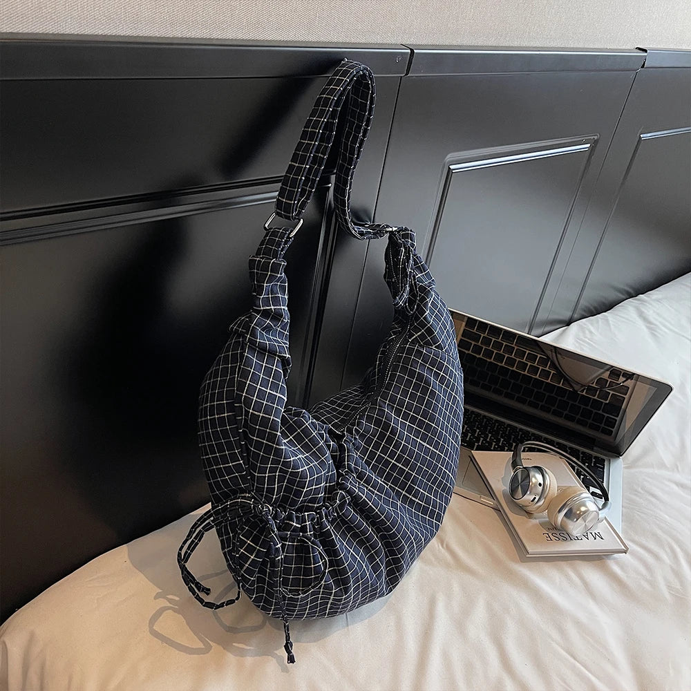 Korean Style Plaid Cow Horn Bag – Large Capacity Canvas Shoulder & Crossbody Bag for Women