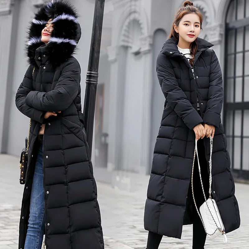 Winter Women’s Long Parka Coat – Fox Fur Collar with Bow Belt