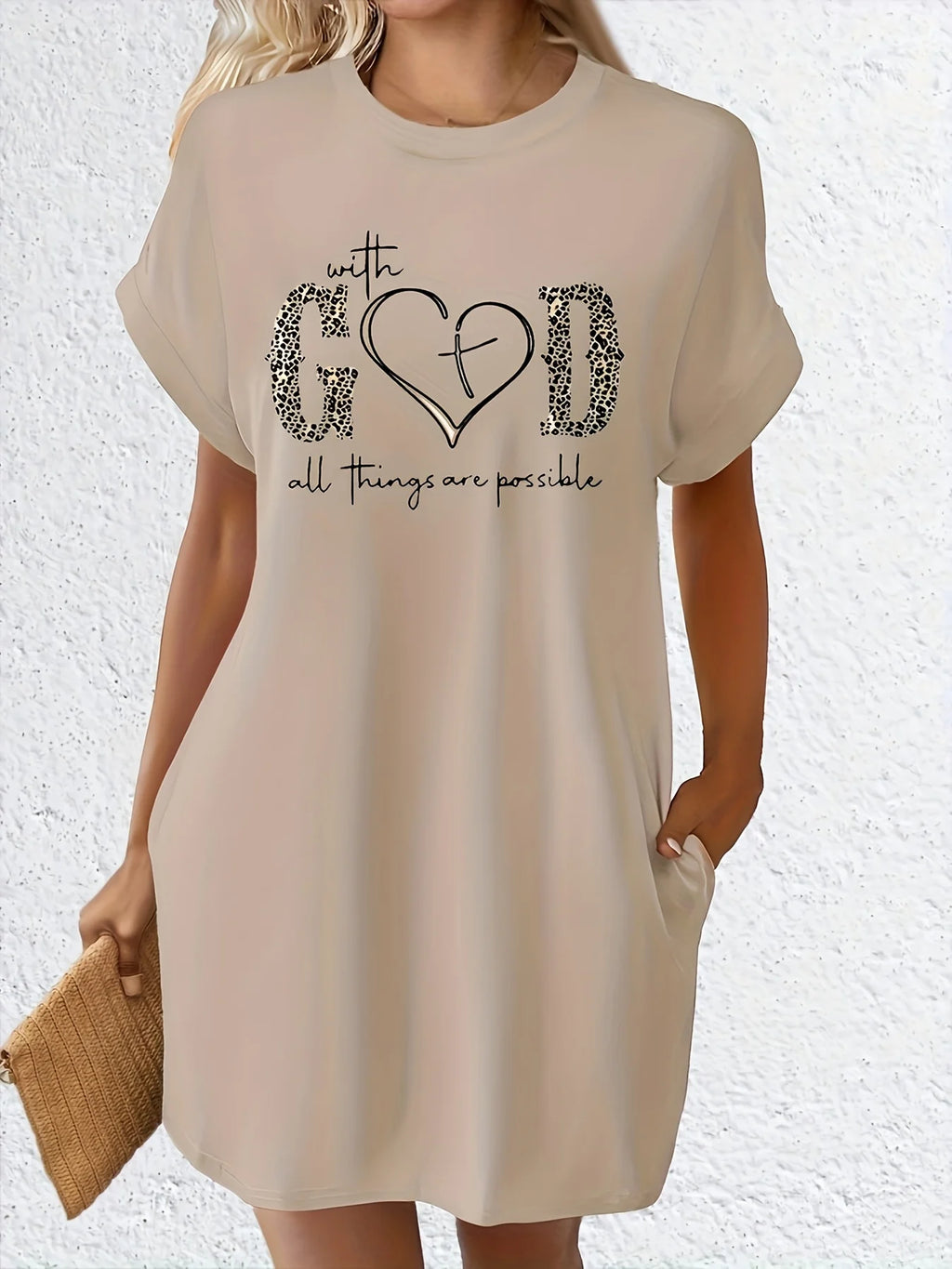 Women’s Casual Knit T-Shirt Dress with “GOD” Letter Print – Crew Neck Short Sleeve