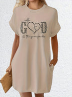 Women’s Casual Knit T-Shirt Dress with “GOD” Letter Print – Crew Neck Short Sleeve
