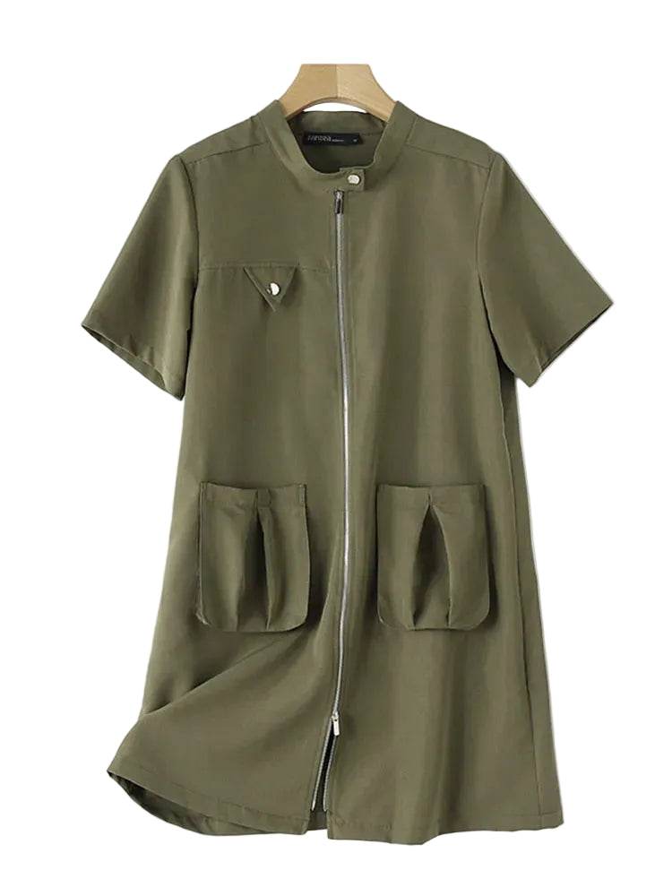 Robe d'été unie mi-longue tendance – Robe cargo élégante avec poches et fermeture éclair