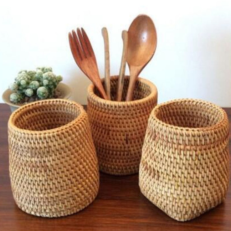 Household Rattan Organizer Basket – Tableware Storage for Chopsticks & Utensils