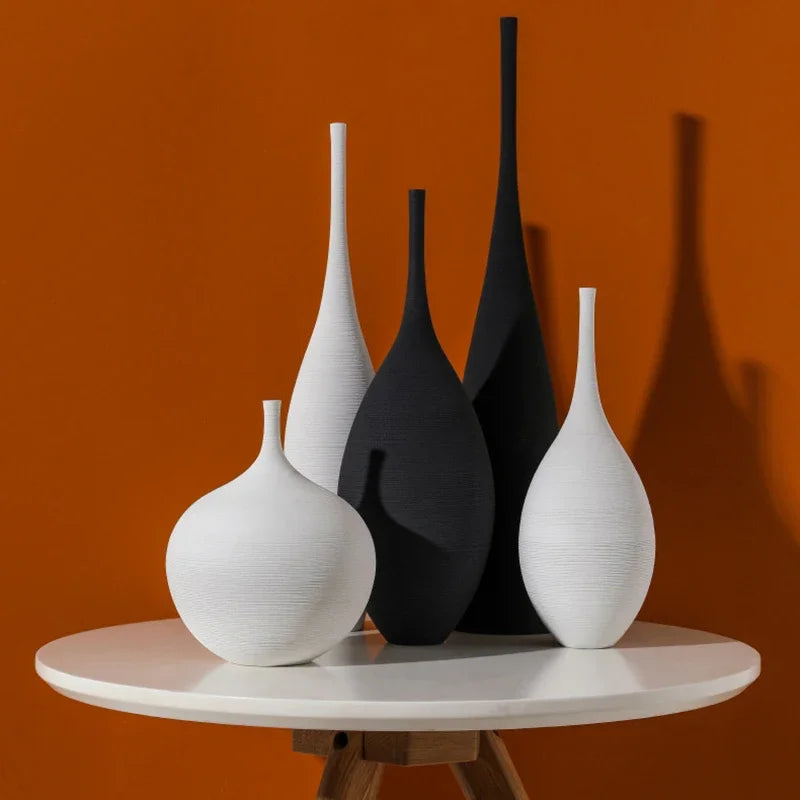 Minimalist Handmade Zen Ceramic Vase – Black & White Hand-Drawn Art for Living Room & Home Decor