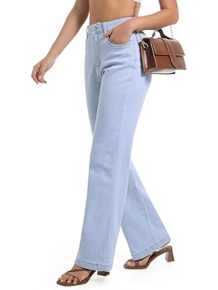 Women’s High Waist Straight Leg Jeans – Stretchy Slim Fit Office Trousers