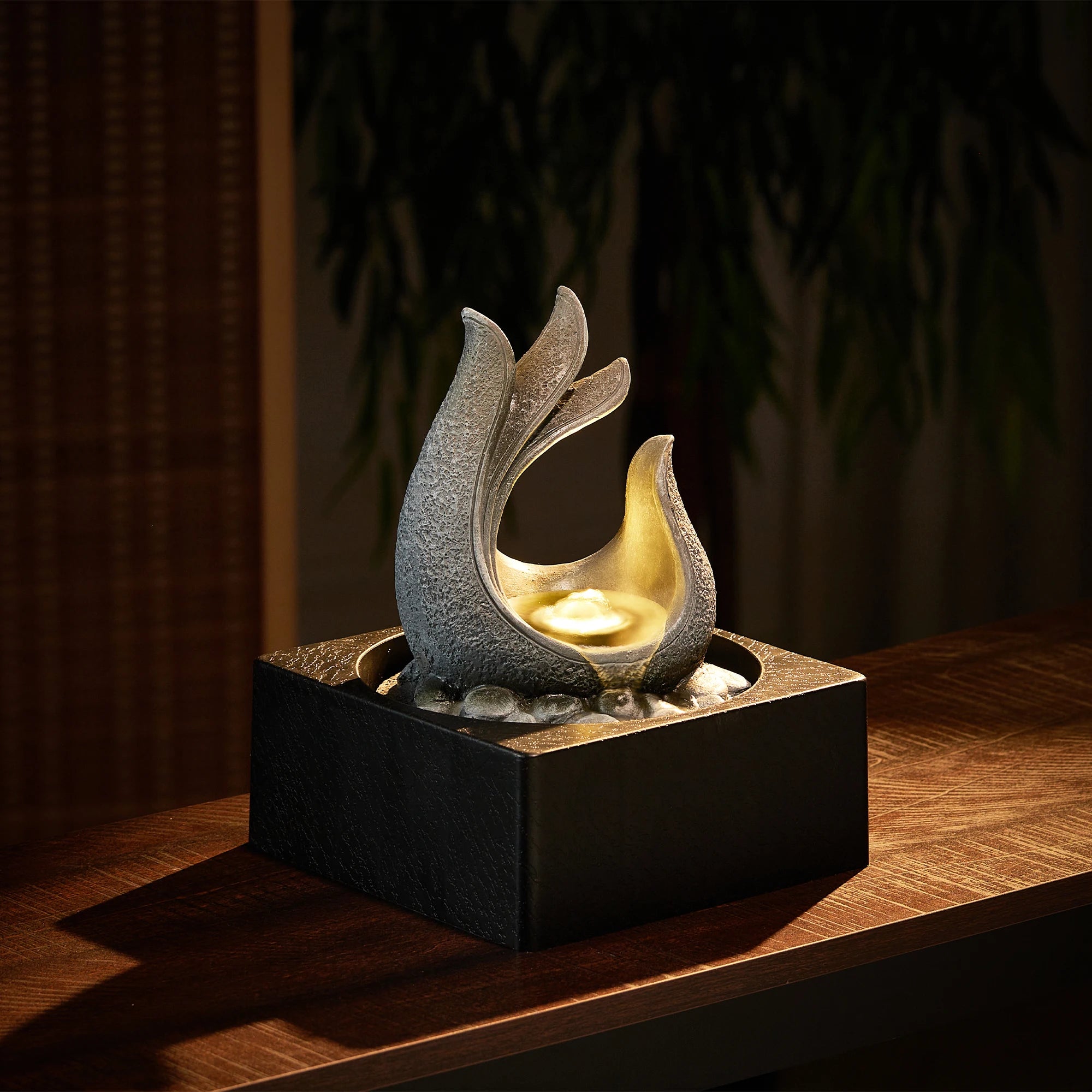 Tabletop Resin Water Fountain with LED Light – Indoor Zen Desk Decor Feature
