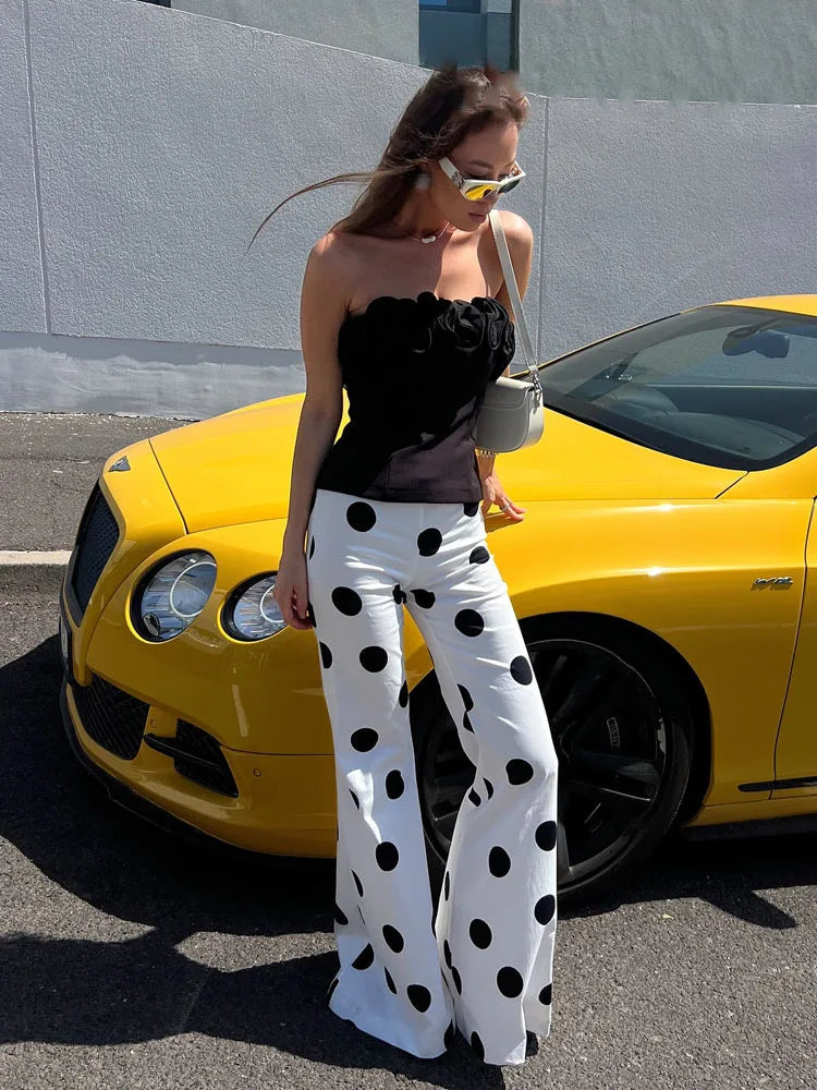 Dames Zomer Mouwloze Rugloze Polka Dot Tweedelige Set – Strapless Top & High-Waist Uitlopende Broek