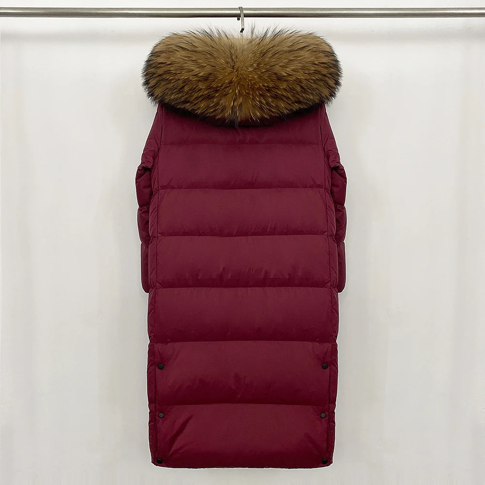 Reality Fur Over-the-Knee Puffer Jacket – Women’s Winter Coat with Raccoon Fur Hood