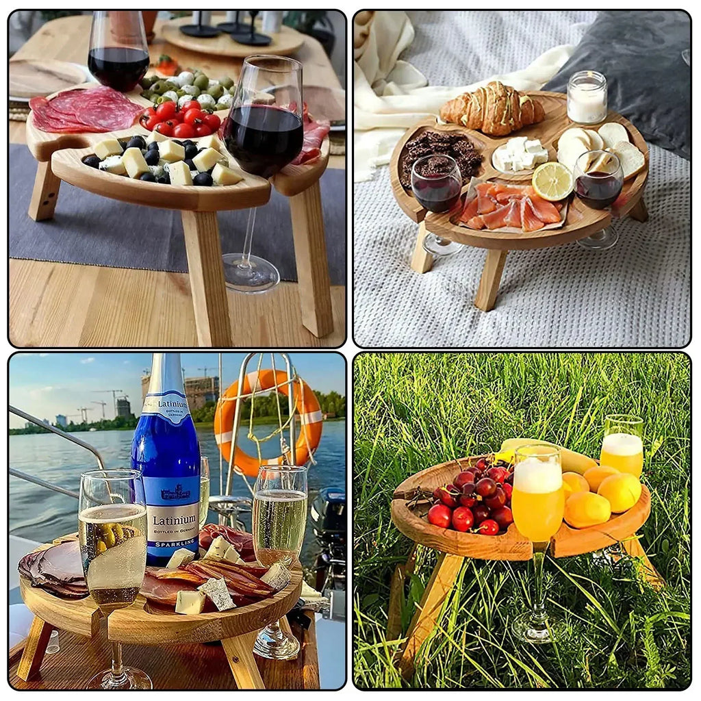 Hoogwaardige opvouwbare houten picknicktafel met draagbare stoel – informele snacktafel en wijnrek