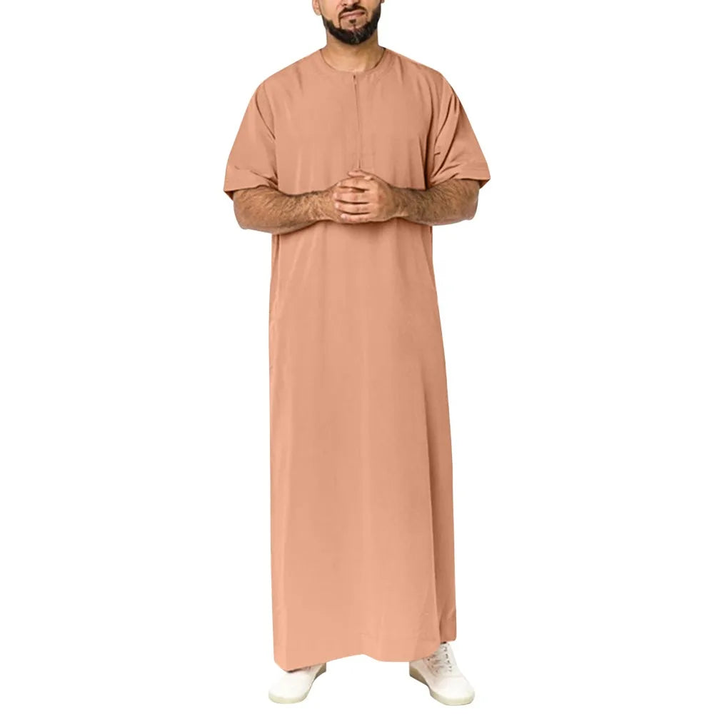 Men’s Muslim Zipper Robe Middle Eastern Arab Shirt-Style Jubba Thobe for Worship & Formal Occasions