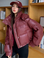 Miu Winter Ancora Red PU Down Cotton Short Hooded Leather Puffer Jacket