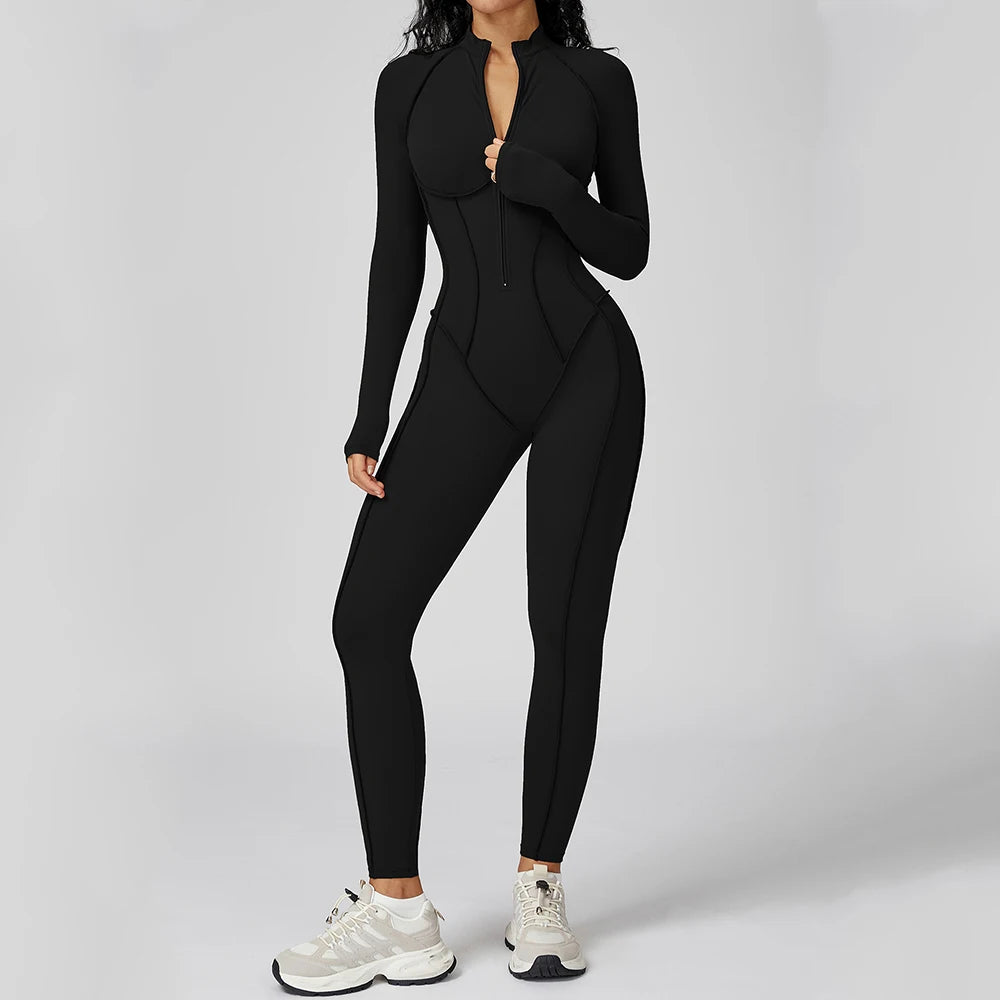 Body de yoga à manches longues pour femme – Combinaison de sport une pièce zippée