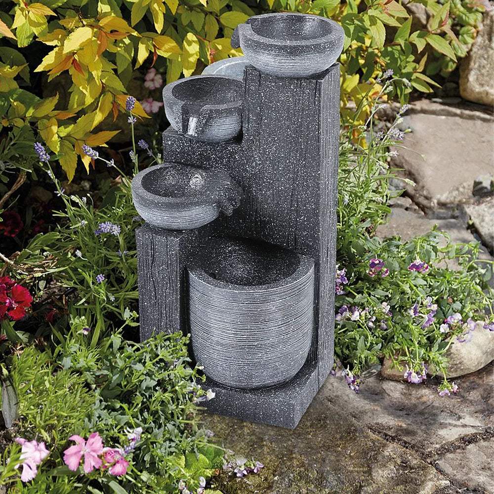 Rustic Outdoor Floor Water Fountain with LED Lights – Cascading Bowls for Patio