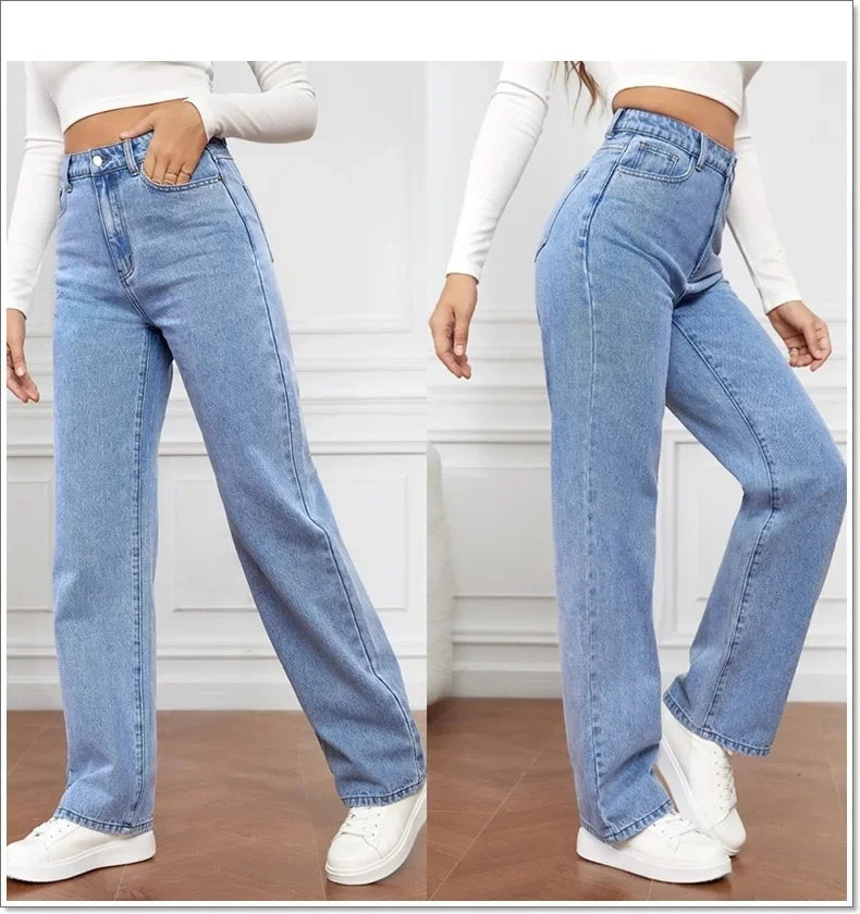 2000s Women’s High Waist Wide Leg Straight Jeans – Y2K Loose Fit Denim Trousers