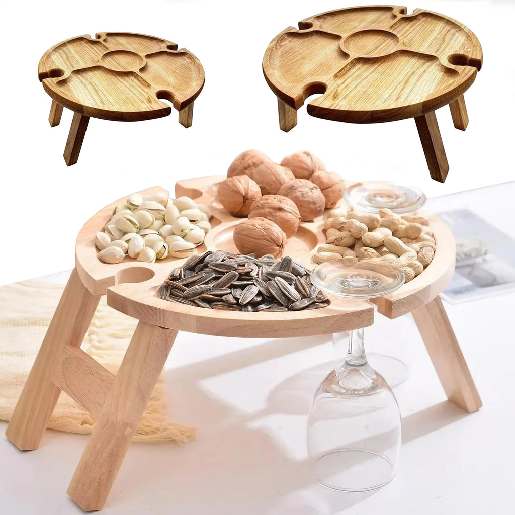 Hoogwaardige opvouwbare houten picknicktafel met draagbare stoel – informele snacktafel en wijnrek