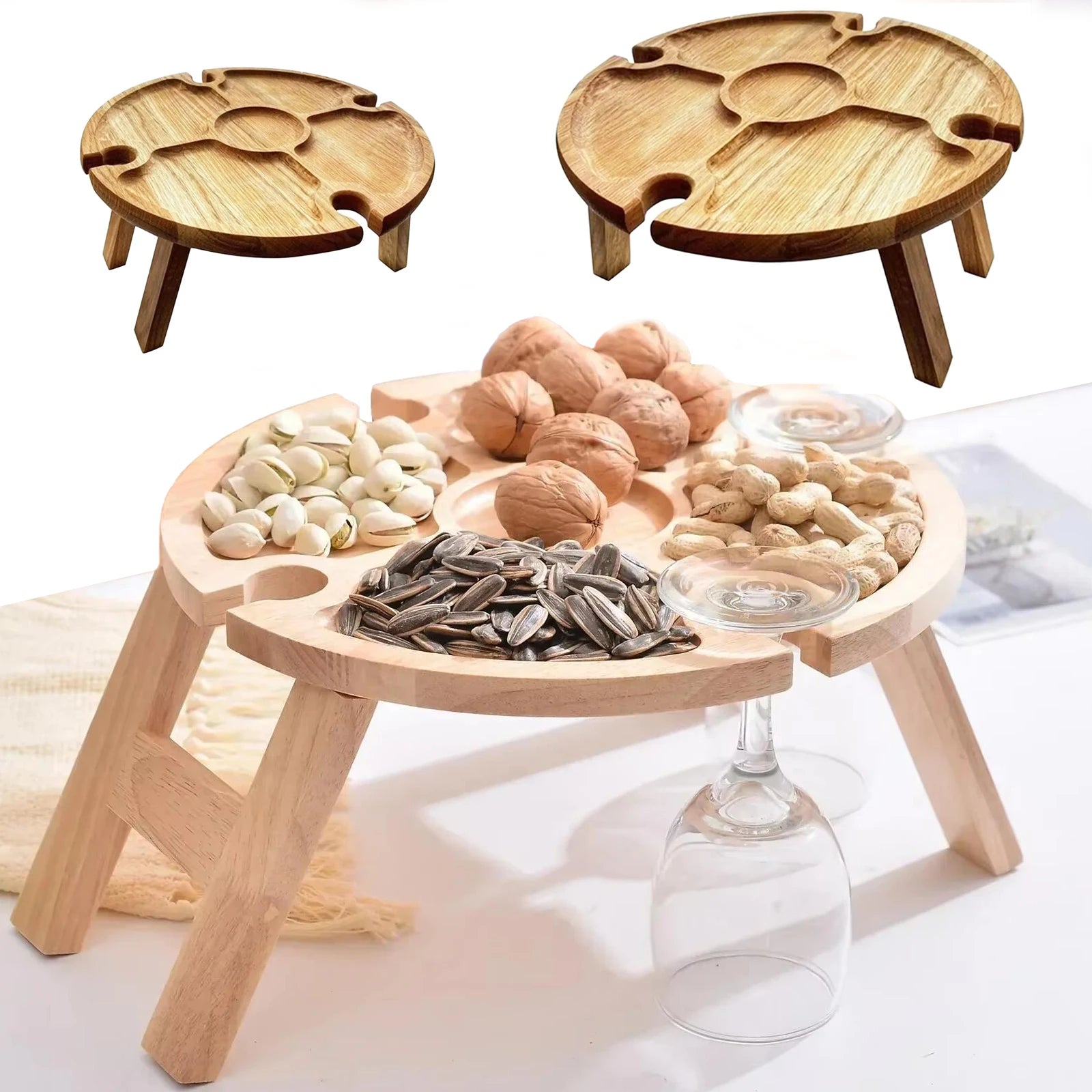Table de pique-nique pliante en bois de haute qualité avec chaise portable – Plateau de collation et porte-bouteille de vin