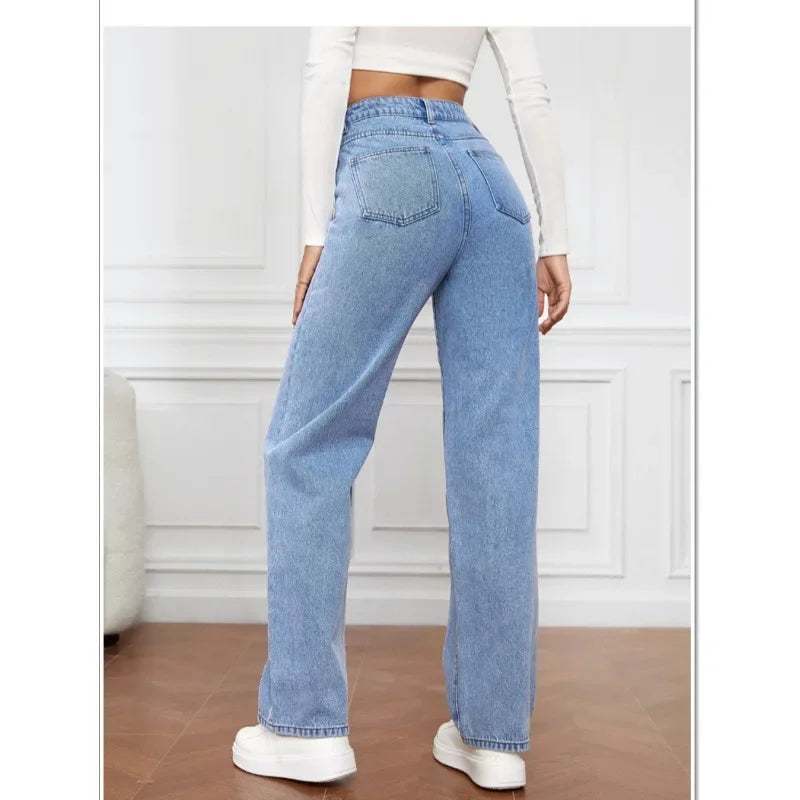 2000s Women’s High Waist Wide Leg Straight Jeans – Y2K Loose Fit Denim Trousers