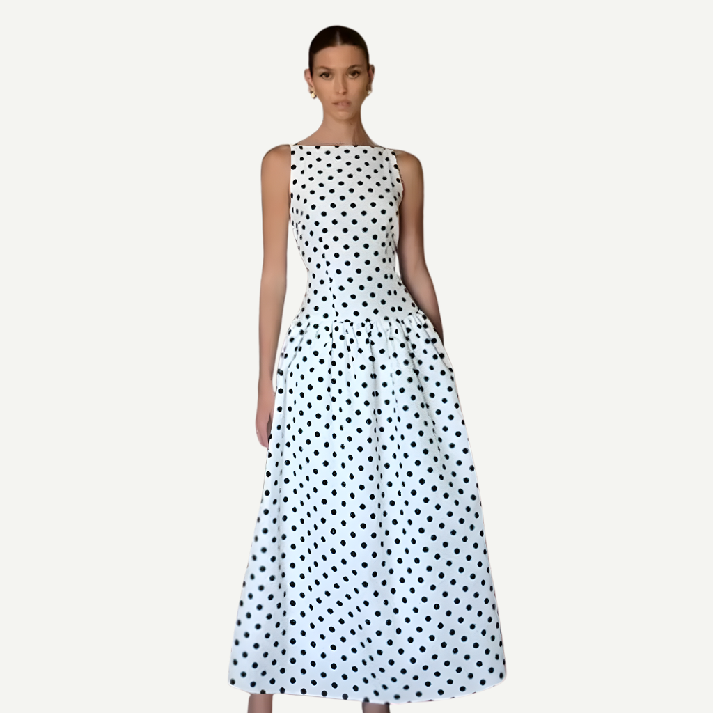 Elegante Maxi Jurk met Polka Dots voor Dames – Mouwloze High-Waist A-lijn Feestjurk