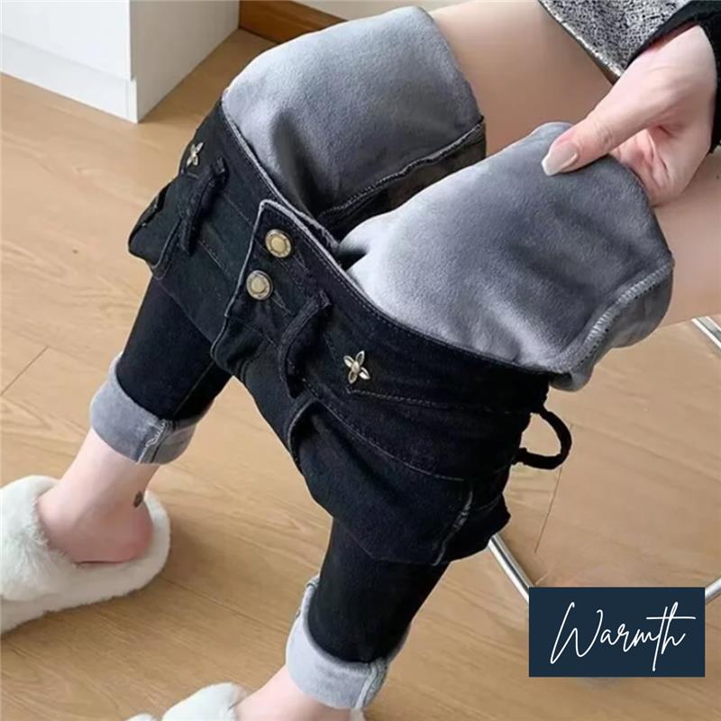 Winter Women’s Chic Fleece-Lined Straight Jeans – Warm High Waist Denim Pants