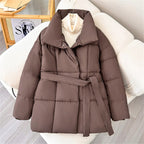 Winter Thick Stand Collar Puffer Jacket for Women – Tie Waist Short Parka Coat