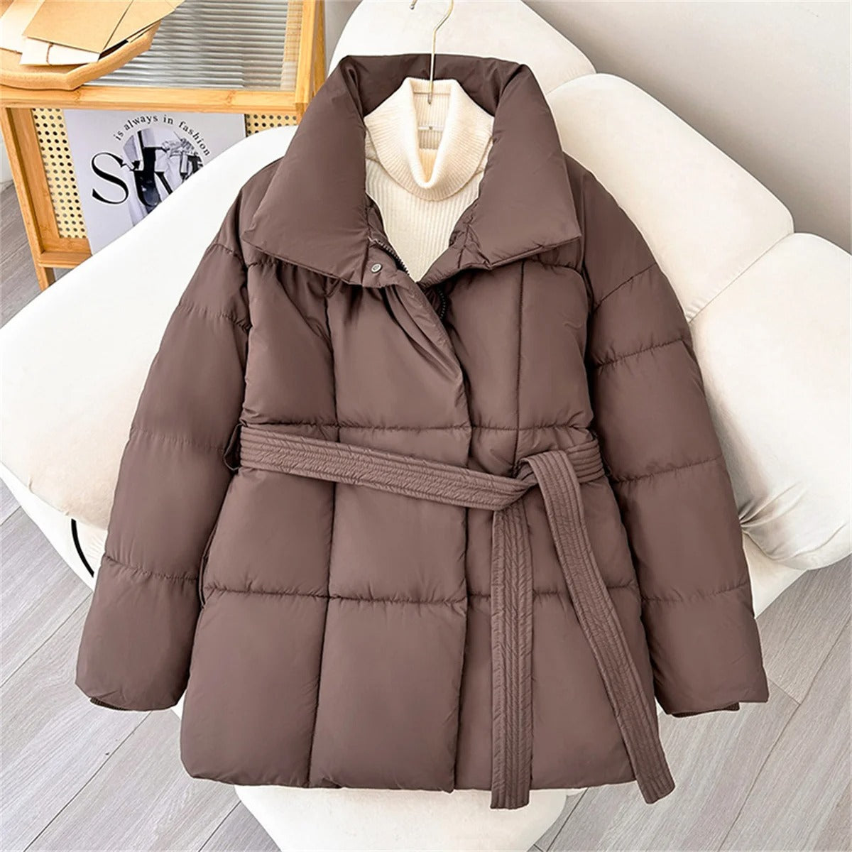 Winter Thick Stand Collar Puffer Jacket for Women – Tie Waist Short Parka Coat