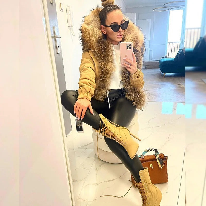 MAOMAOKONG Women’s Real Fox Fur Bomber Jacket – Short Winter Parka with Raccoon Fur Collar