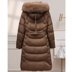 90% White Duck Down Long Coat – Women’s Korean Fashion Belted Parka with Real Fox Fur Hood