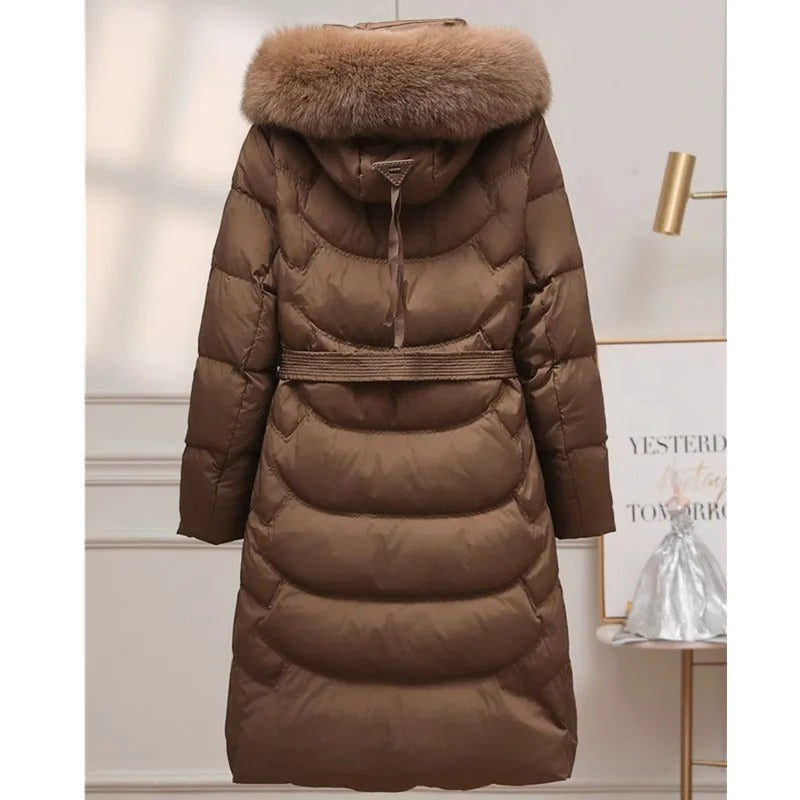 90% White Duck Down Long Coat – Women’s Korean Fashion Belted Parka with Real Fox Fur Hood