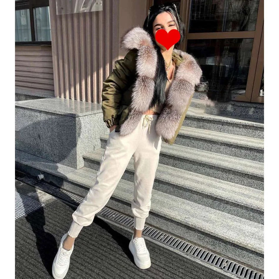 MAOMAOKONG Women’s Real Fox Fur Bomber Jacket – Short Winter Parka with Raccoon Fur Collar