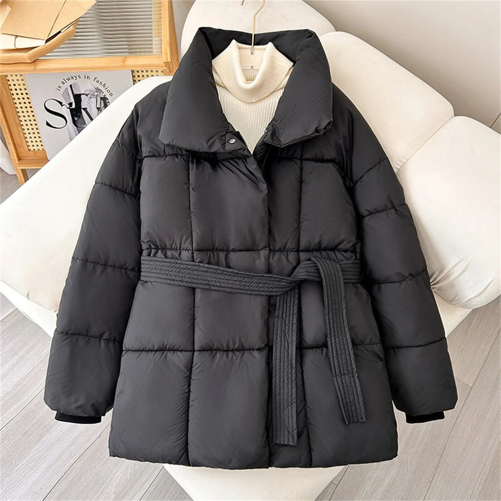 Winter Thick Stand Collar Puffer Jacket for Women – Tie Waist Short Parka Coat