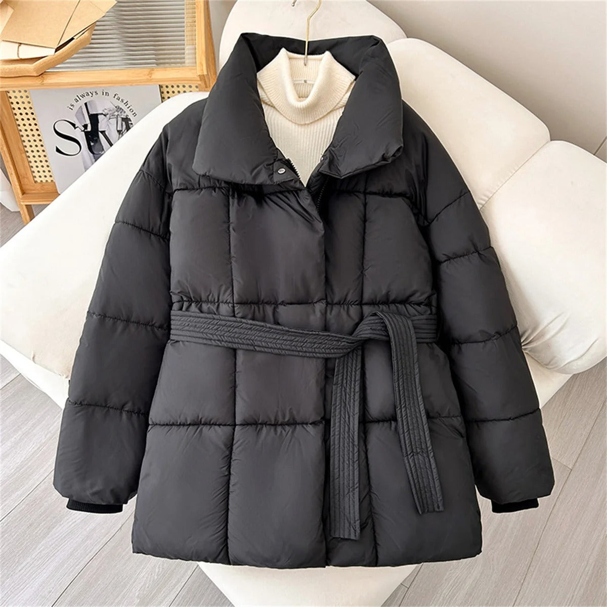 Winter Thick Stand Collar Puffer Jacket for Women – Tie Waist Short Parka Coat